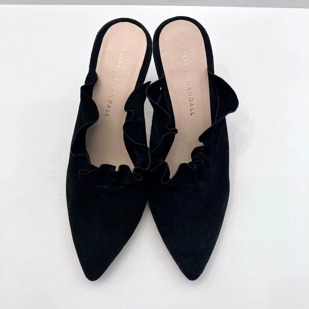 Loeffler Randall Ruffled Suede Mules Black Womens 8 B Stiletto Pointed Toe Shoes